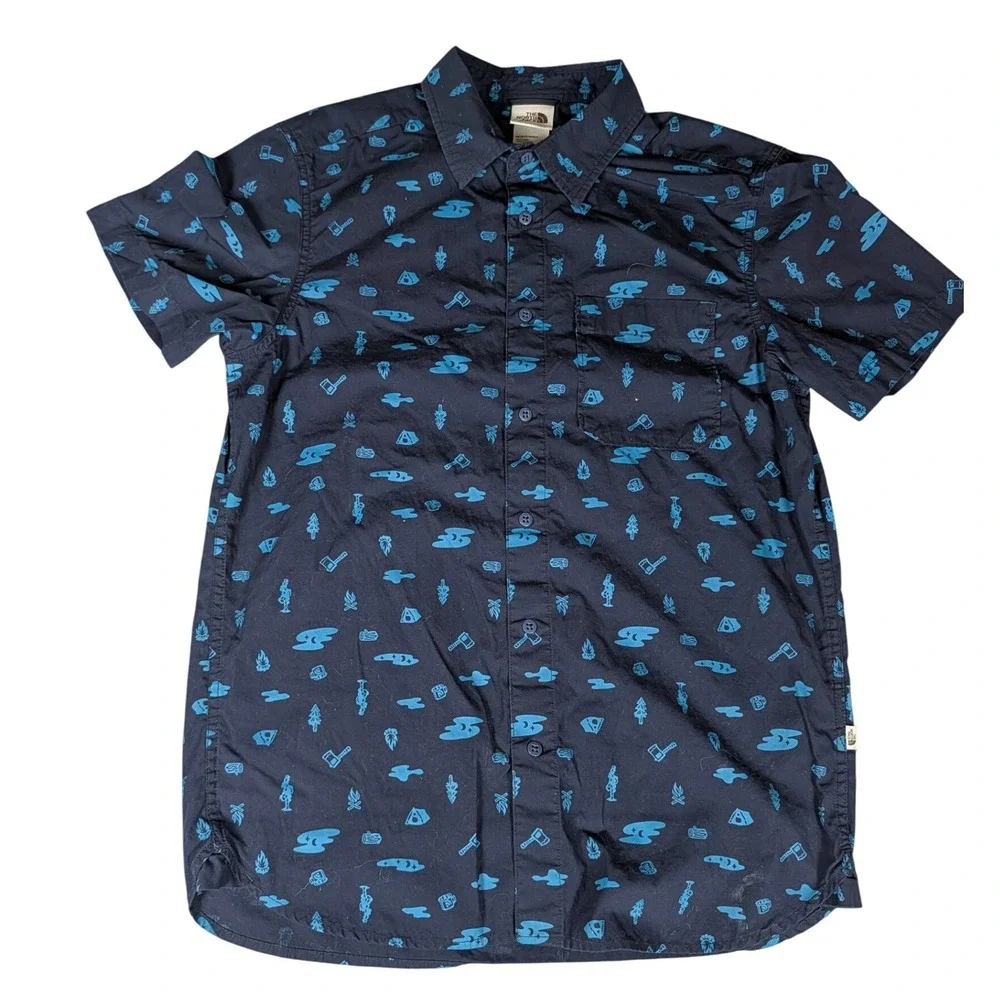 The North Face Mens Short Sleeve Button Down Camping Print Shirt Navy Teal M